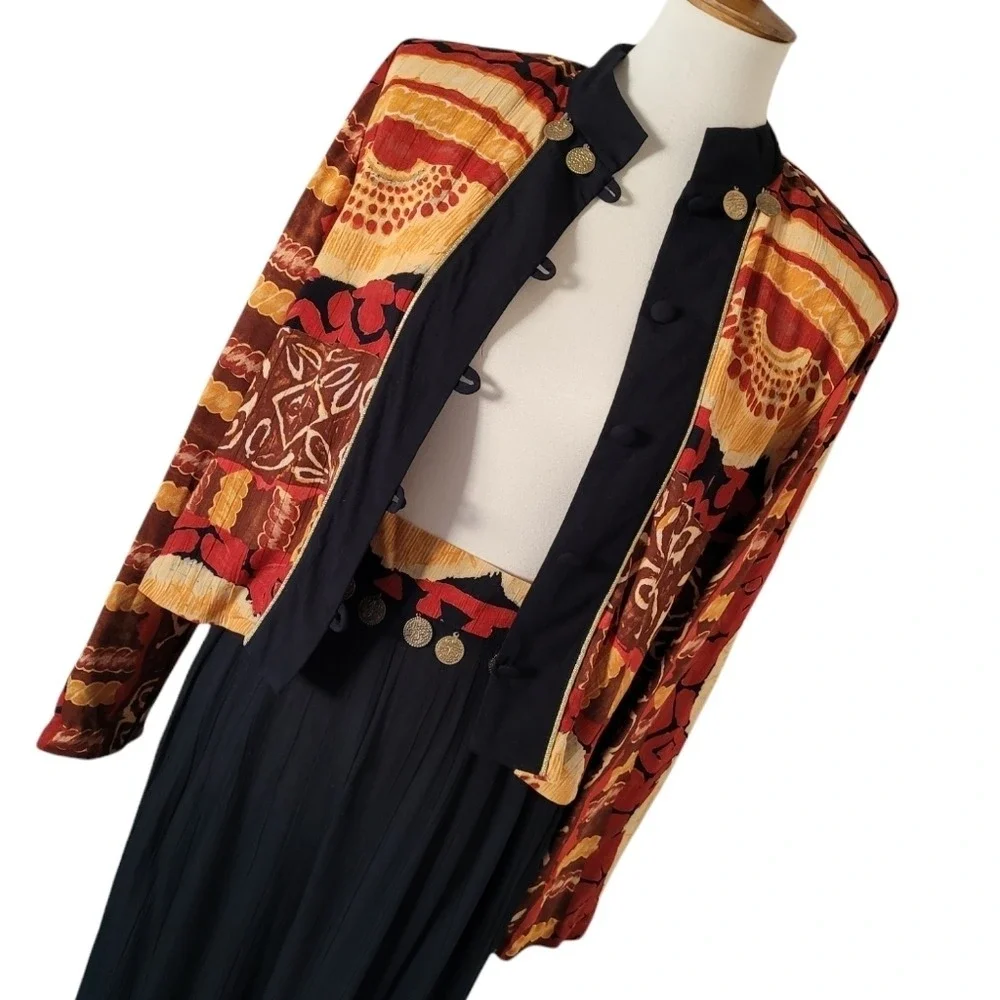 Vintage 80s Abstract Print Gauze Jacket and Wide Leg‎ Coin Detail Pant Set - Picture 3 of 9